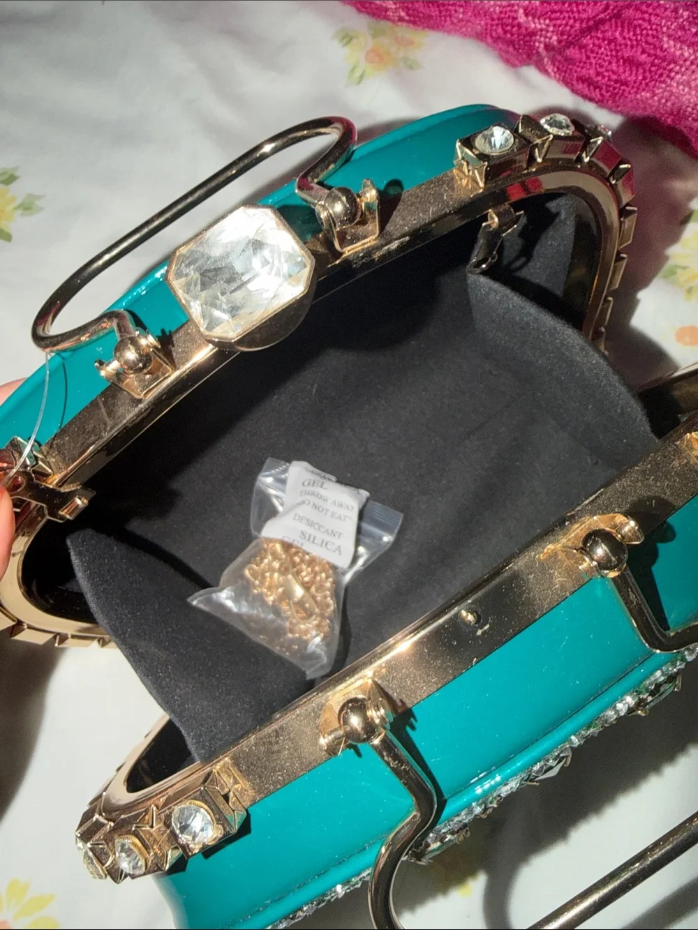 Gold-Trim Teal Jeweled Evening Clutch by